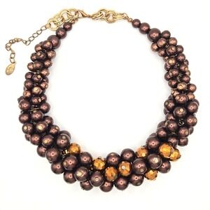 Ethel & Myrtle Chocolate‎ Faux Pearl and Gold Faceted Bead Cluster Bib Necklace